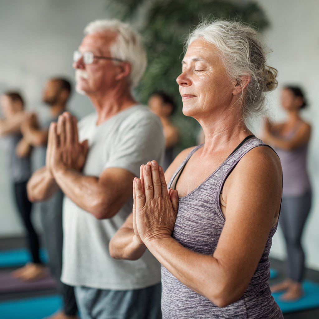 Senior adults practicing gentle yoga poses in peaceful studio environment