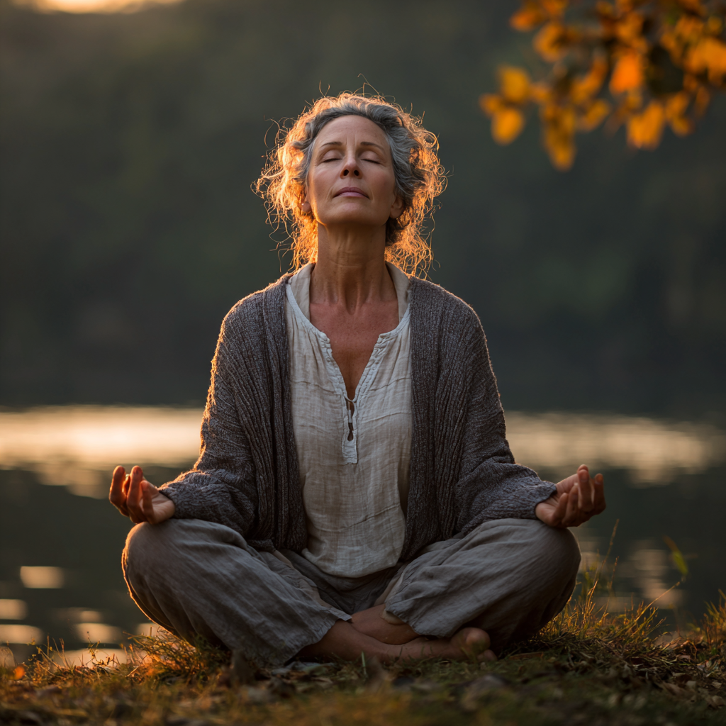 Woman in her fifties practicing peaceful yoga meditation pose in serene natural setting